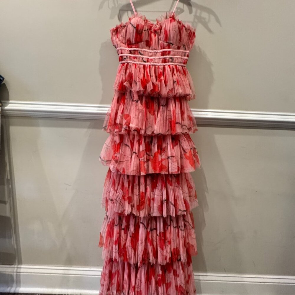 Hutch Monaco Corset Strapless Red and Pink Maxi Tiered Dress US 10